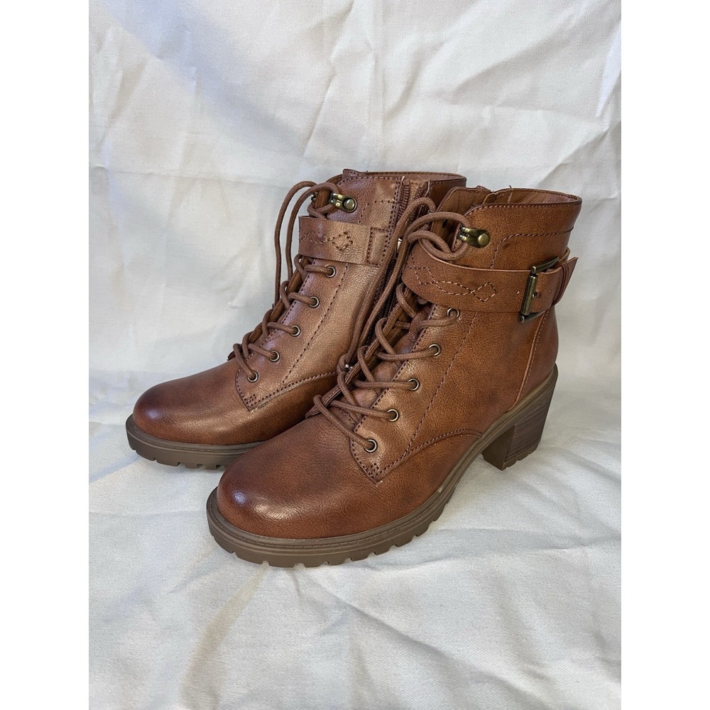 Frye & Co. Women's Brown Stacked Heel Combat boot Axel Lace Up Buckle Sz 7 1/2